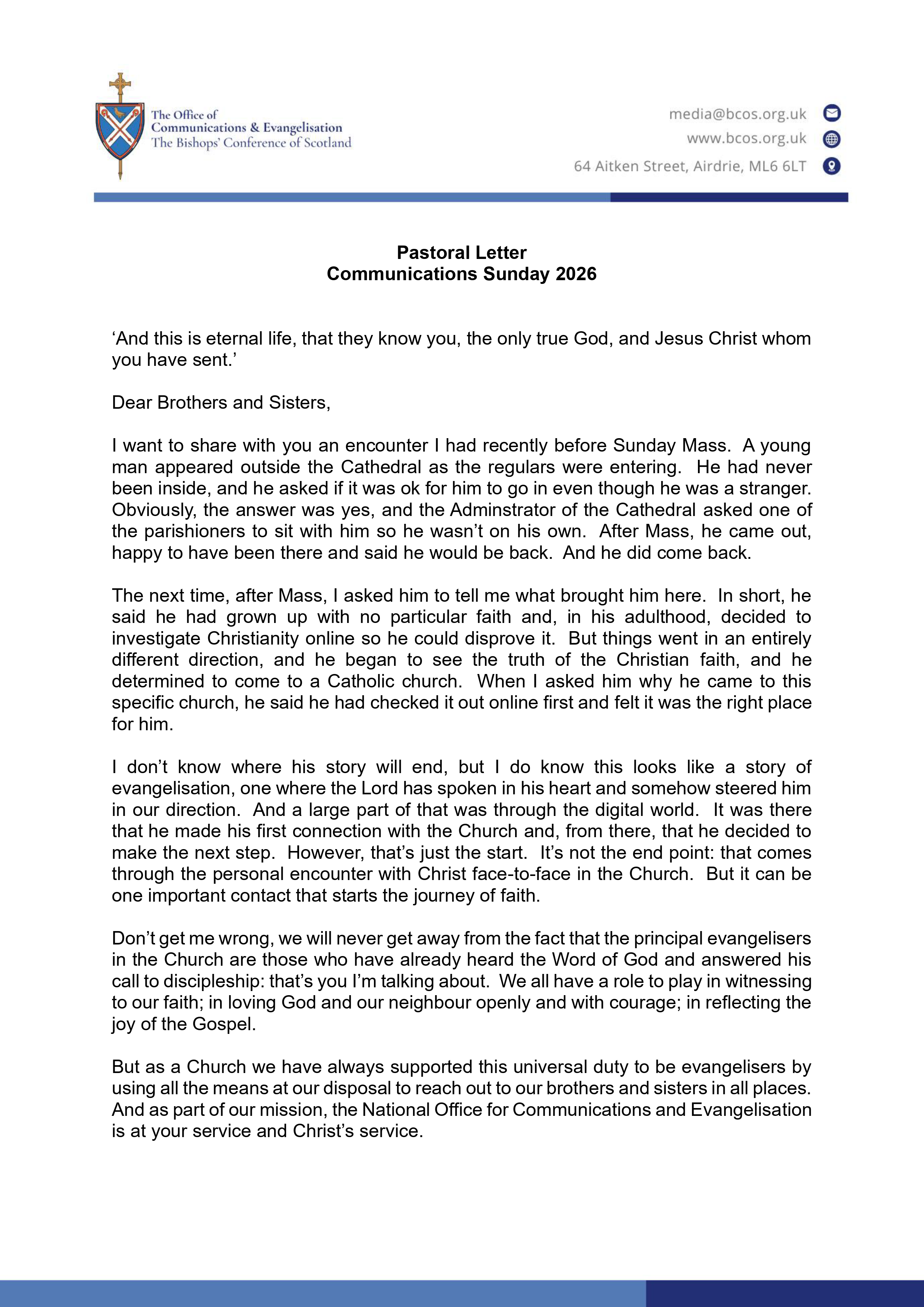Communications Sunday 2026 Pastoral Letter